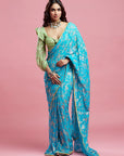 Turquoise Georgette & Recycled Polyester Barfi Saree Set