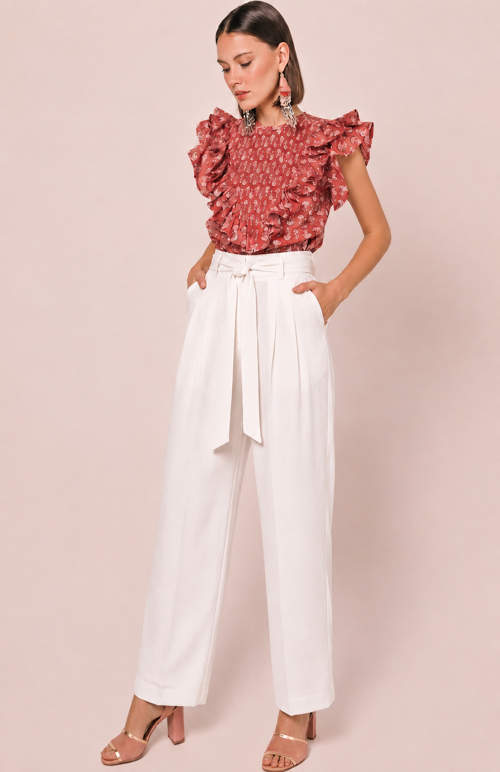 Women White Pleated Wide Leg Paperbag Waist Trousers