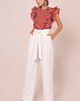 Women White Pleated Wide Leg Paperbag Waist Trousers