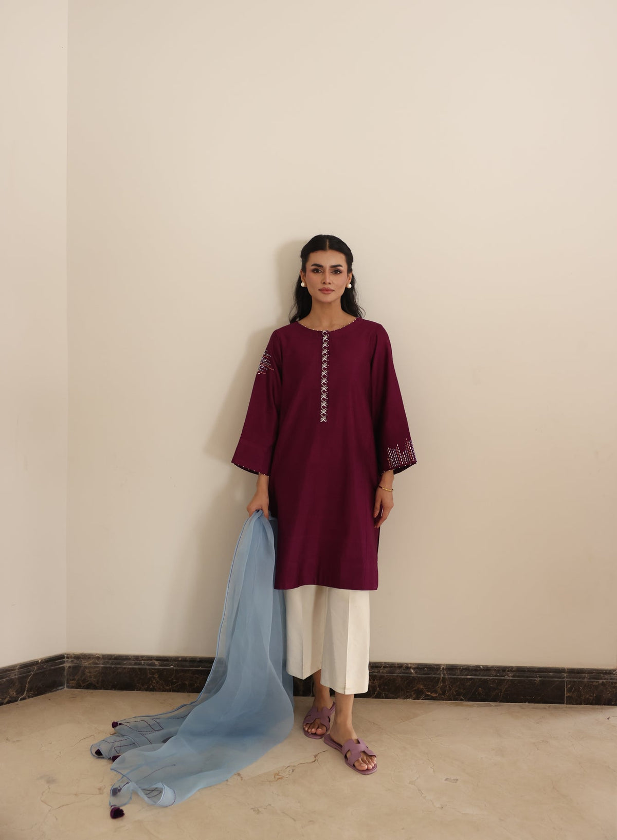 Khushboo &amp; Pankaj Wine Berry Kurta Set with Organza Dupatta