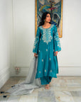 Khushboo & Pankaj Teal Blue Kurta Set with Intricate Silver Work