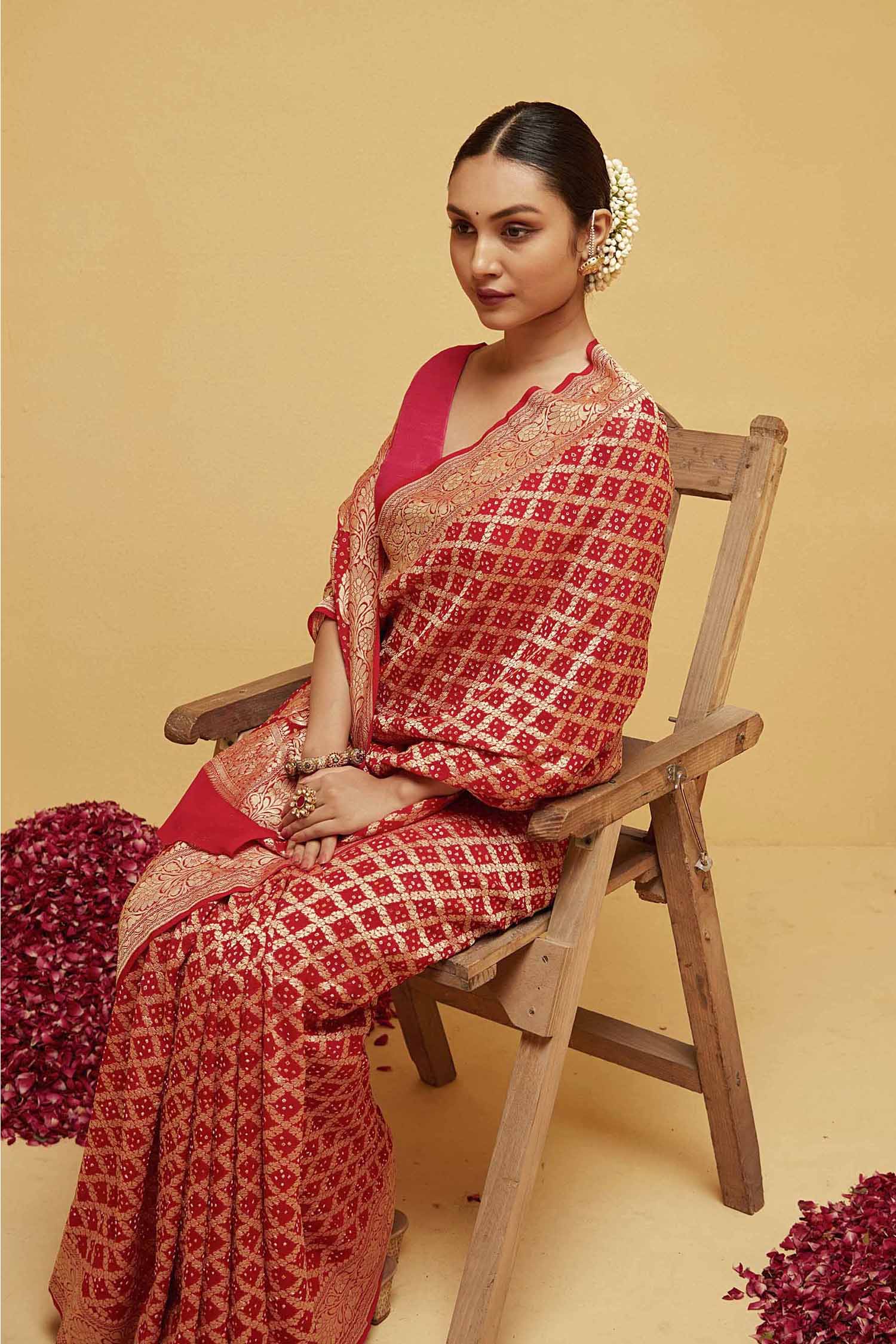 Traditional Red Georgette Bandhani Banarasee Saree