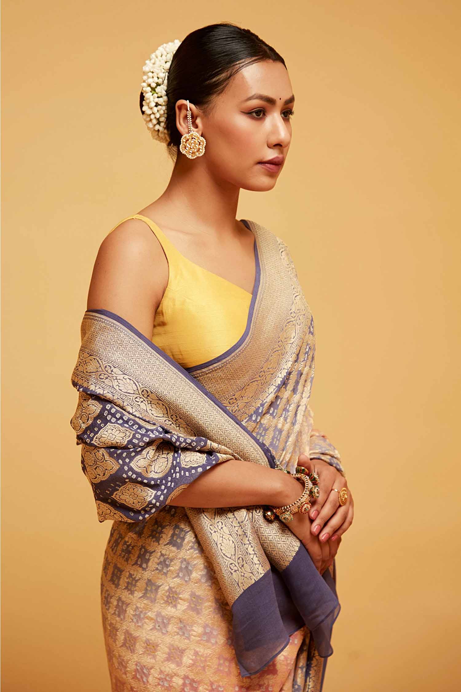 Lavender and Peach Georgette Bandhani Banarasee Saree