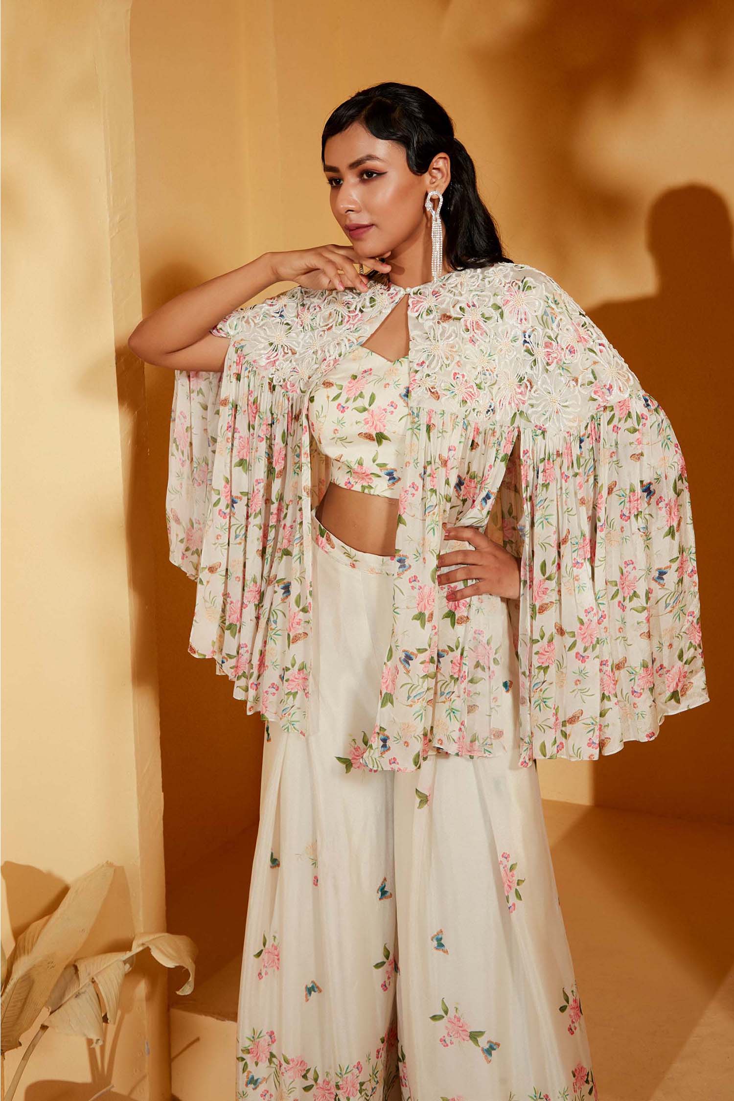 Wine Crop Top and Flared Pants Fusion Set with Sequin Embroidery - Georgette Crepe