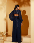Wine Crop Top and Flared Pants Fusion Set with Sequin Embroidery - Chanderi