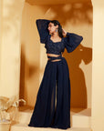 Wine Crop Top and Flared Pants Fusion Set with Sequin Embroidery - Chanderi