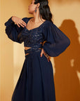 Wine Crop Top and Flared Pants Fusion Set with Sequin Embroidery - Chanderi
