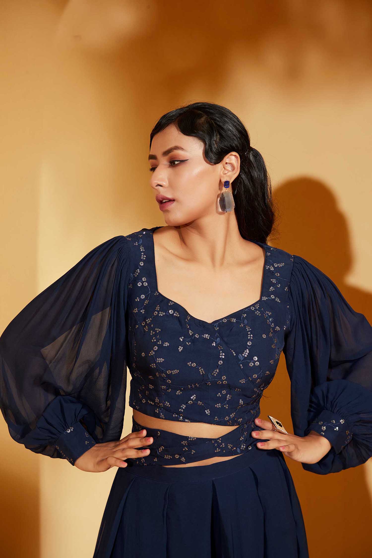 Wine Crop Top and Flared Pants Fusion Set with Sequin Embroidery - Chanderi