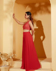 Yellow Tussar Silk Crop Top and Drape Dress with Slim Pants