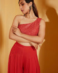 Yellow Tussar Silk Crop Top and Drape Dress with Slim Pants