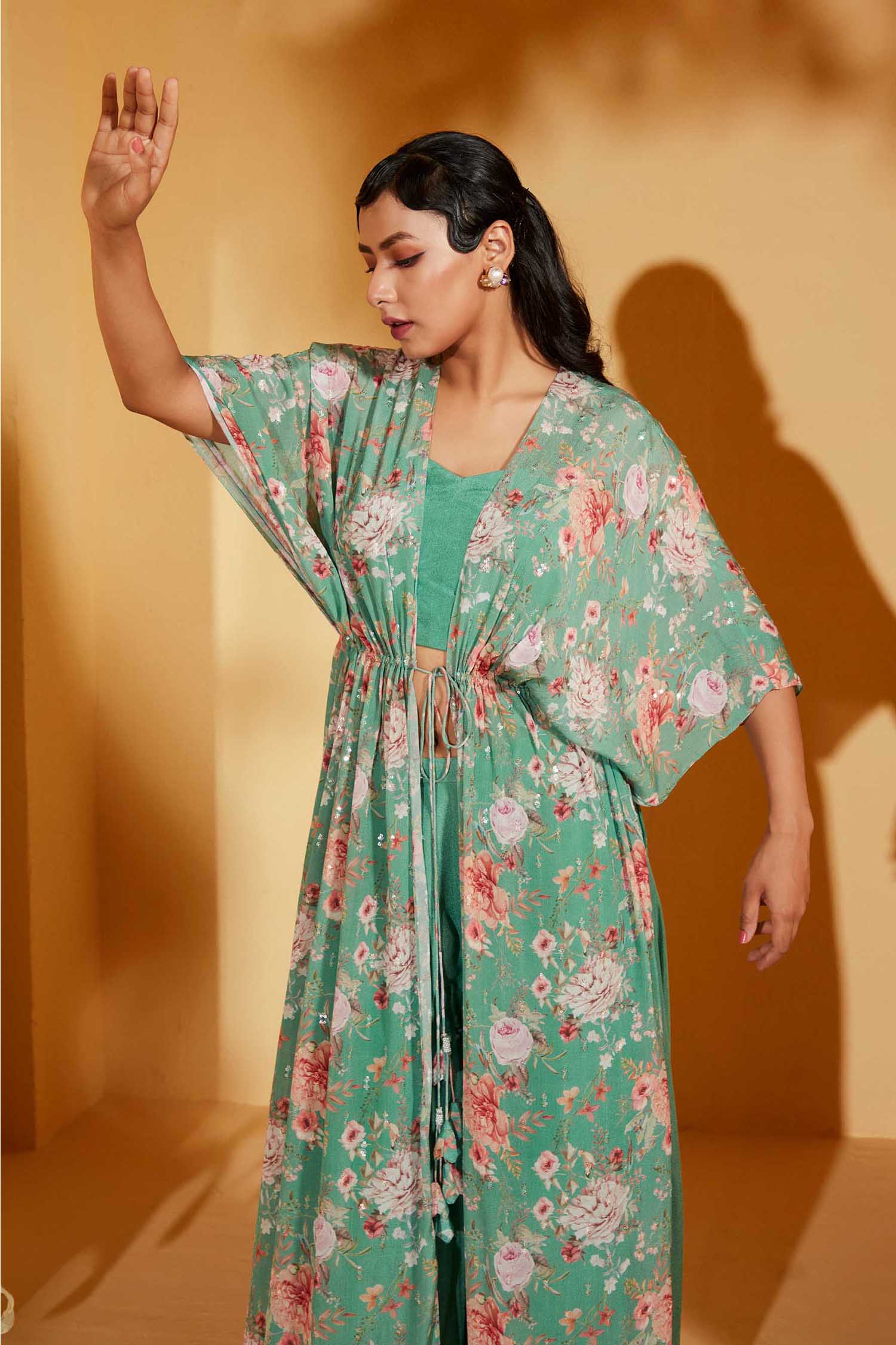 Crepe and Organza Mint Green Drape Skirt Set