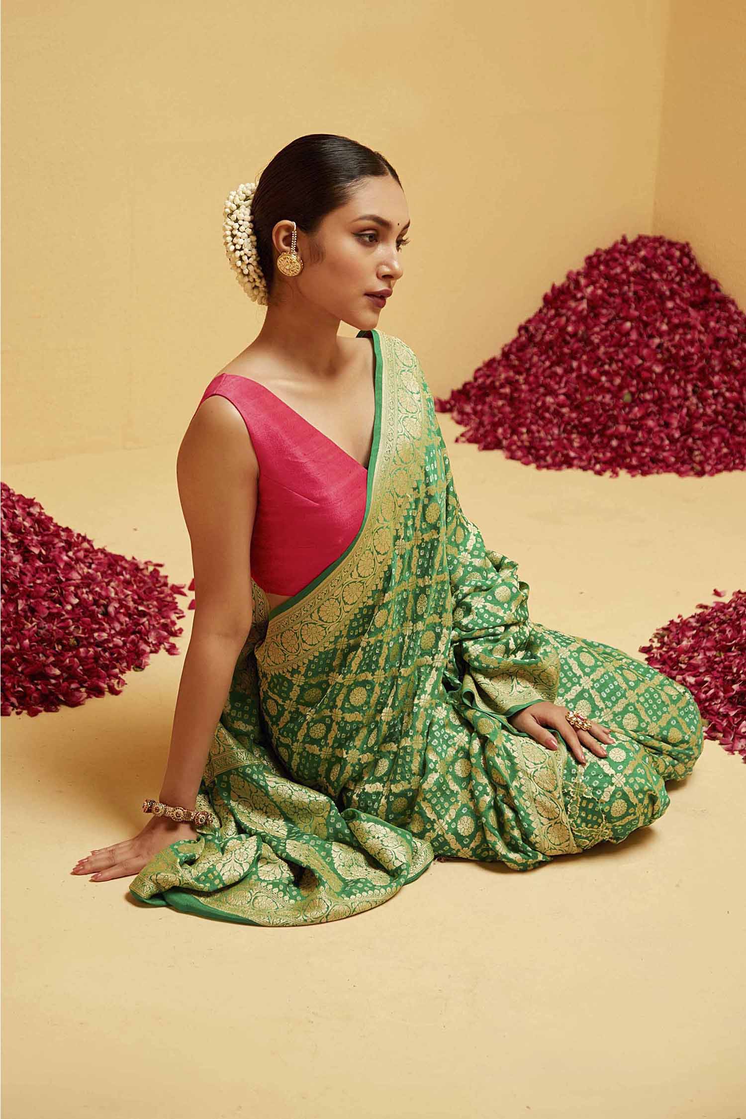 Traditional Georgette Banarasee Bandhani Saree in Green