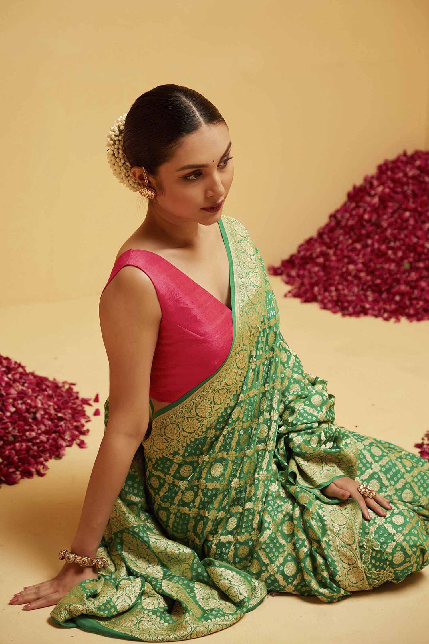 Traditional Georgette Banarasee Bandhani Saree in Green