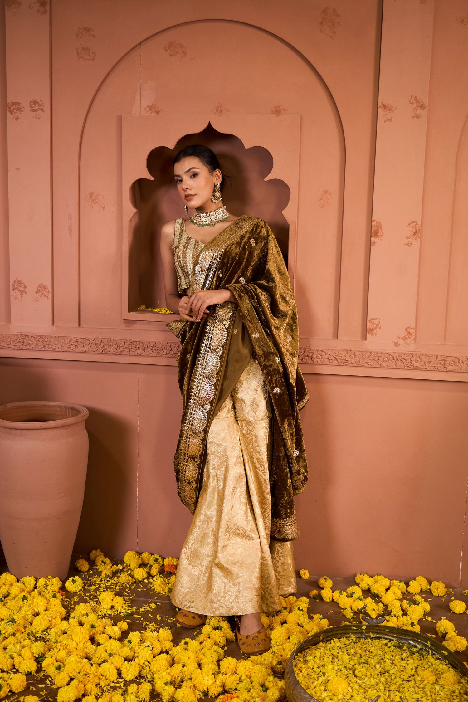 Embroidered Blouses with Brocade Pants and Velvet Palla - Gold