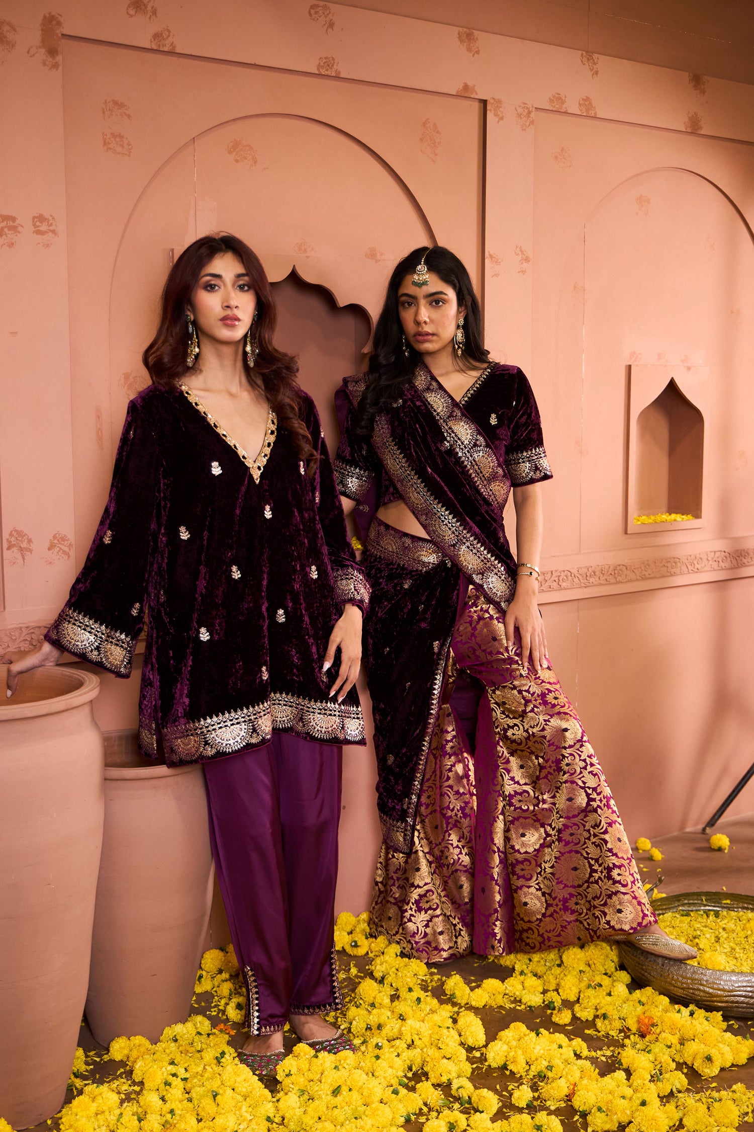 Classy Pleated Saree with Velvet Palla - Purple