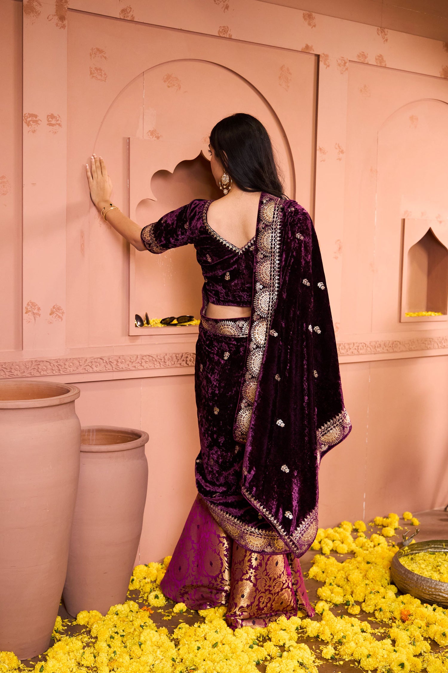 Classy Pleated Saree with Velvet Palla - Purple