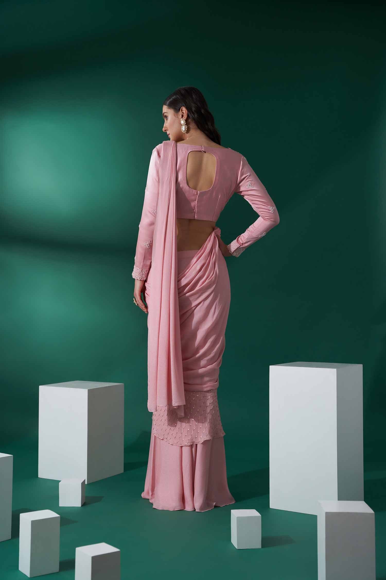 Lilac Pre-Draped Ruffle Saree Skirt with Hand-Embroidered Blouse