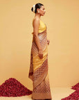 Traditional Banasree Bandhani Georgette Saree in Wine and Yellow