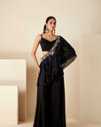 Sequin Embroidered Crop Top and Flared Pants Fusion Set - Black