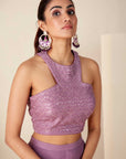 Embroidered Peplum Top and Layered Pants Fusion Set - Georgette