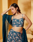 Teal Floral Printed Lehenga Set with Embroidered Dupatta