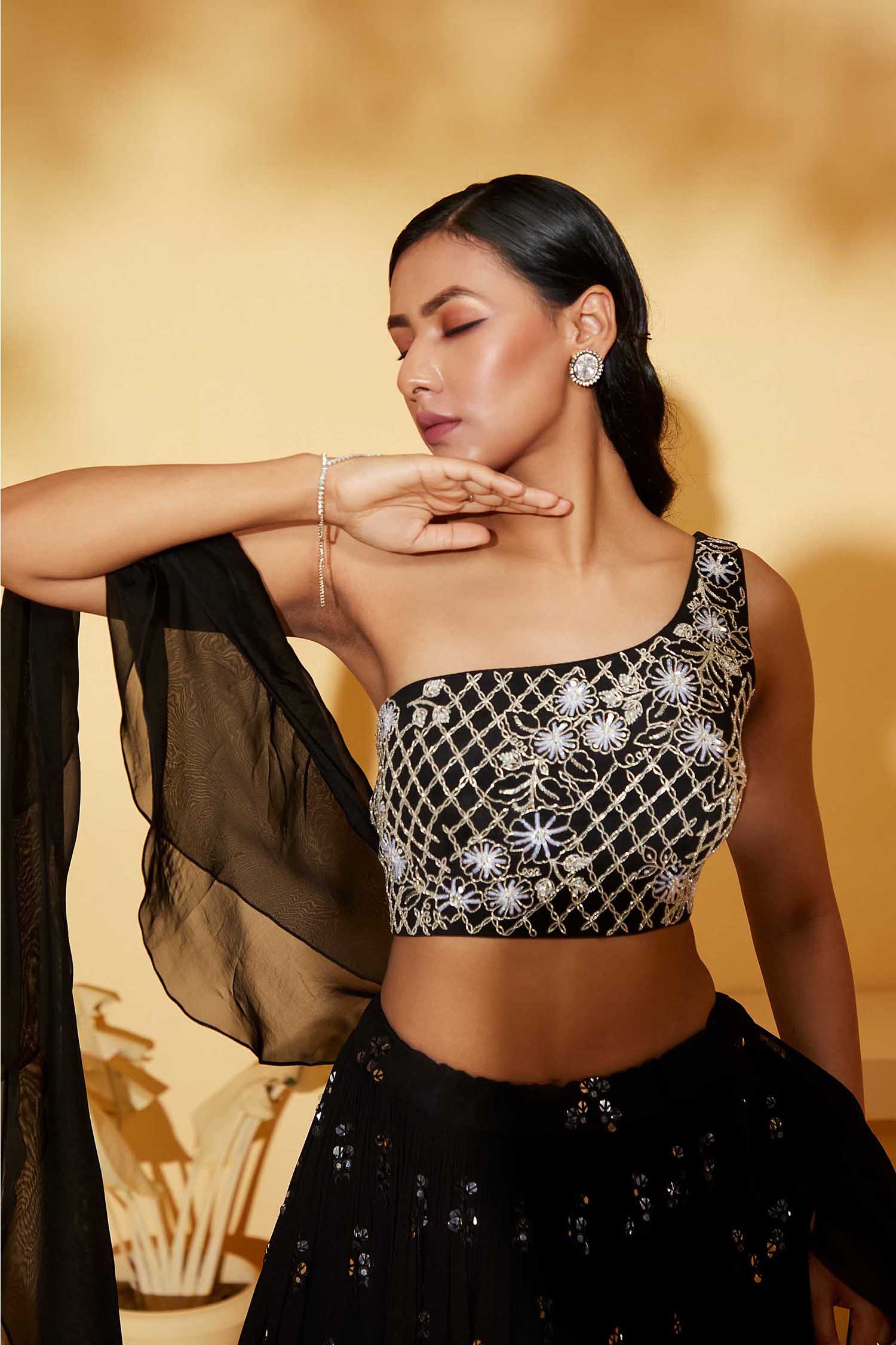 One Shoulder Black Lehenga Set