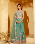 Green Sleeveless Mirror Work Lehenga Set with Pleated Skirt and Net Dupatta