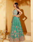 Green Sleeveless Mirror Work Lehenga Set with Pleated Skirt and Net Dupatta
