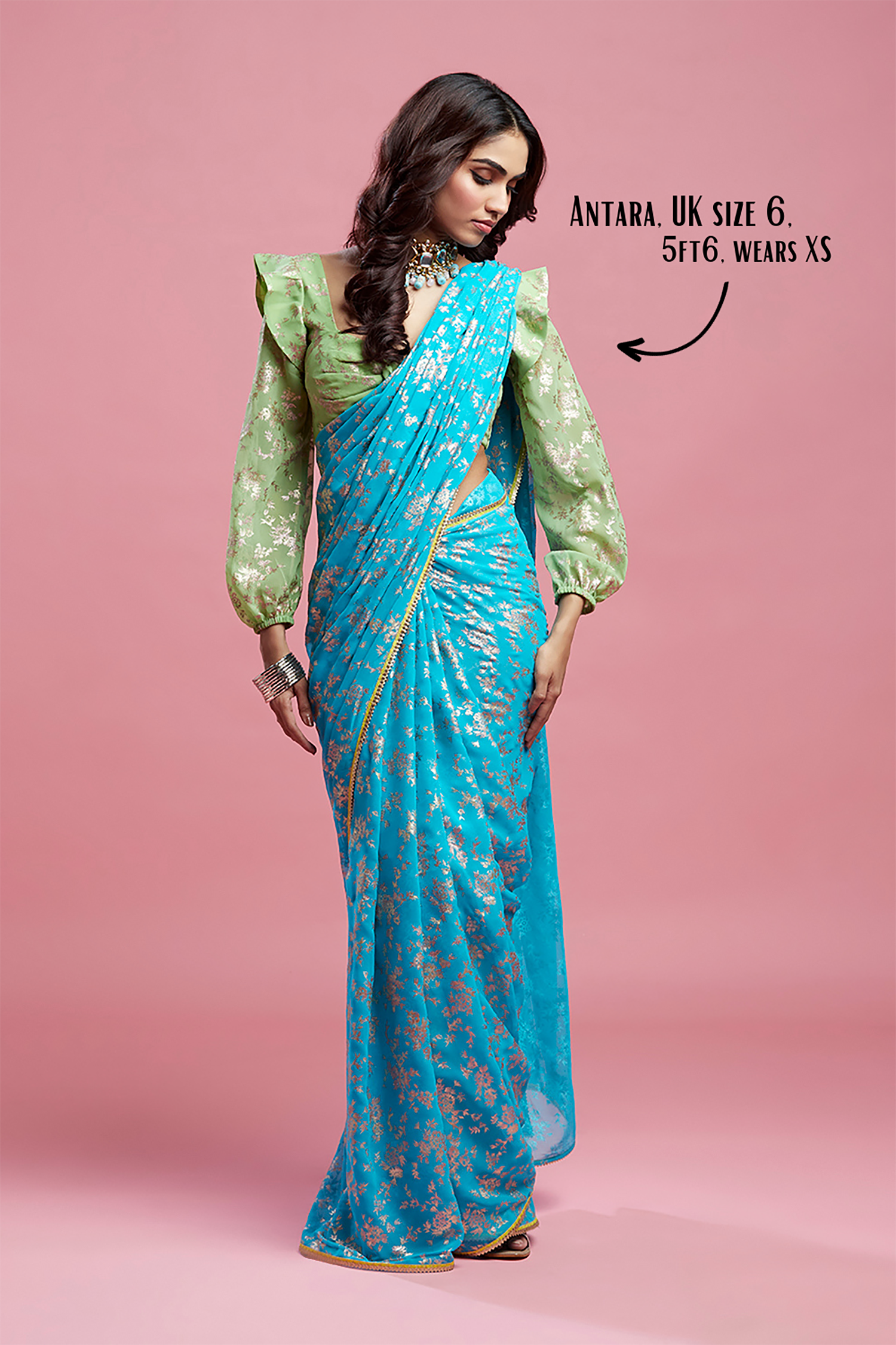 Turquoise Georgette &amp; Recycled Polyester Barfi Saree Set