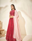 Maroon Georgette Crepe One-Shoulder Crop Top and Pleated Skirt Lehenga with Mirror and Zardosi Handwork