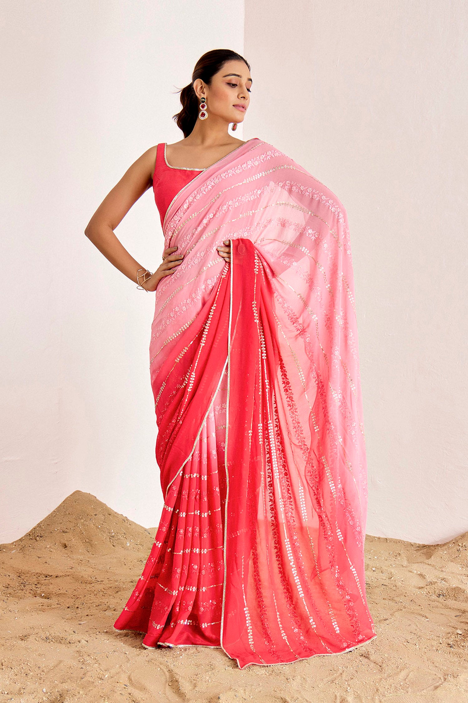 Horizontal Sequin and Thread Embroidery Saree with Plain Blouse