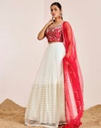 Hand Embroidered Bustier Blouse with Embellished Net Lehenga and Dupatta