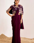 Pre-Draped Saree with Plain Blouse and Embellished Cape