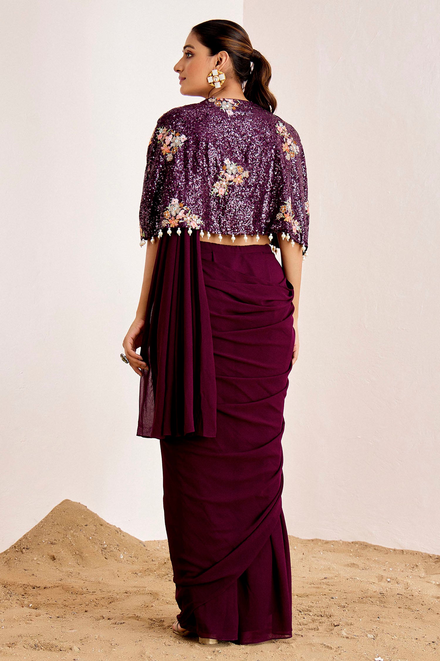 Pre-Draped Saree with Plain Blouse and Embellished Cape