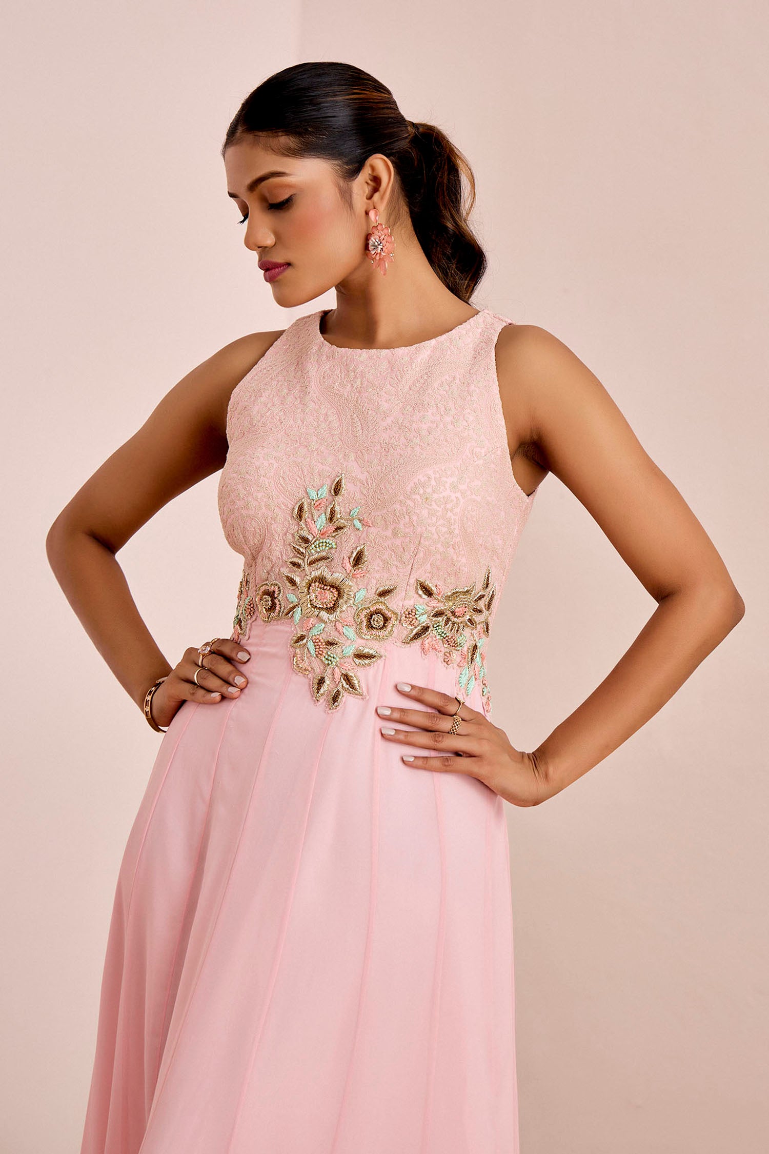 Panel Gown with Cording Embroidery Yoke and Hand Embroidered Patch