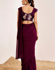 Pre-Draped Saree with Embellished Blouse and Ruching Details