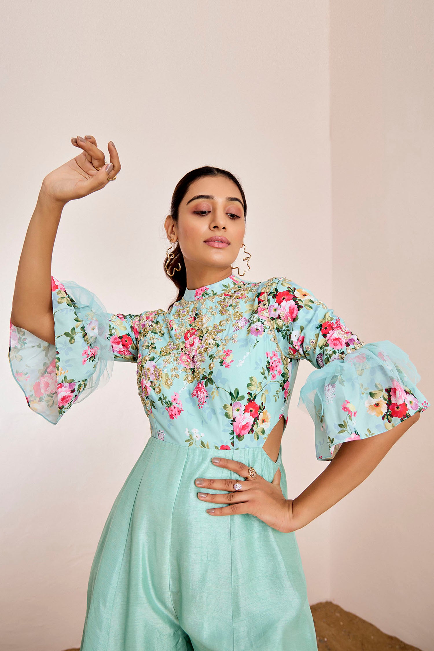 Printed Mirror Work Hand Embroidered Jumpsuit