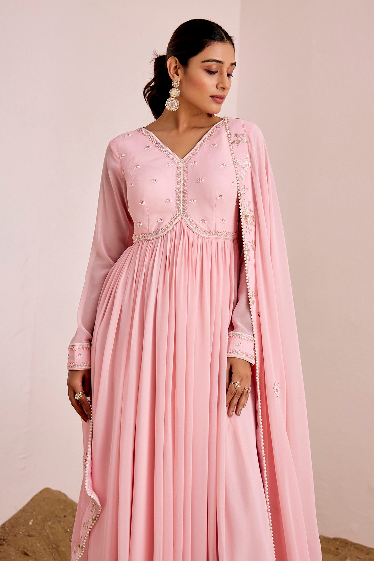 Gathered Anarkali with Hand Embroidered Yoke and Georgette Dupatta