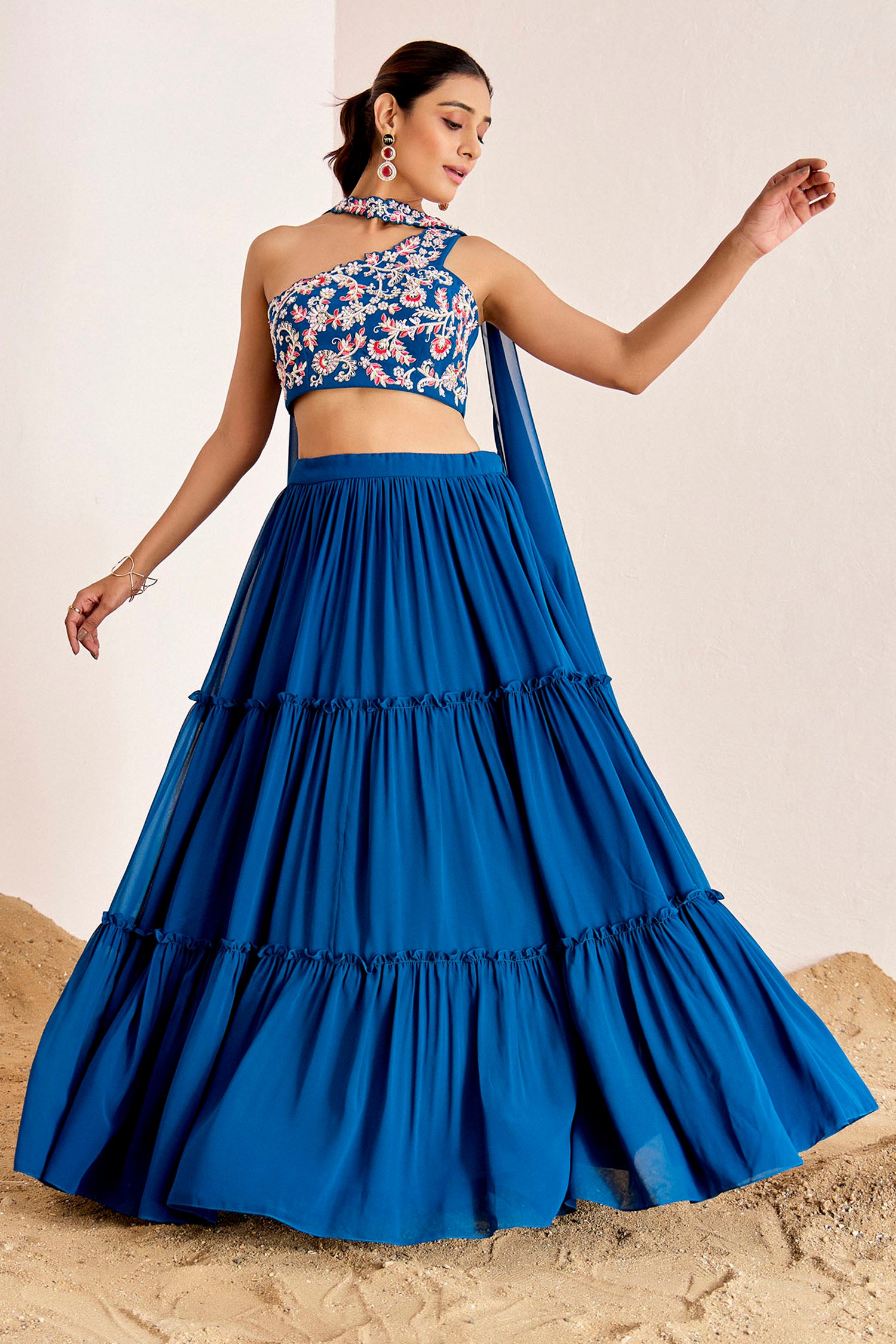 Tiered Plain Lehenga with One Shoulder Embroidered Blouse and Choker Dupatta