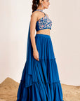 Tiered Plain Lehenga with One Shoulder Embroidered Blouse and Choker Dupatta