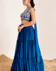 Tiered Plain Lehenga with One Shoulder Embroidered Blouse and Choker Dupatta