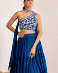 Tiered Plain Lehenga with One Shoulder Embroidered Blouse and Choker Dupatta