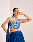 Tiered Plain Lehenga with One Shoulder Embroidered Blouse and Choker Dupatta