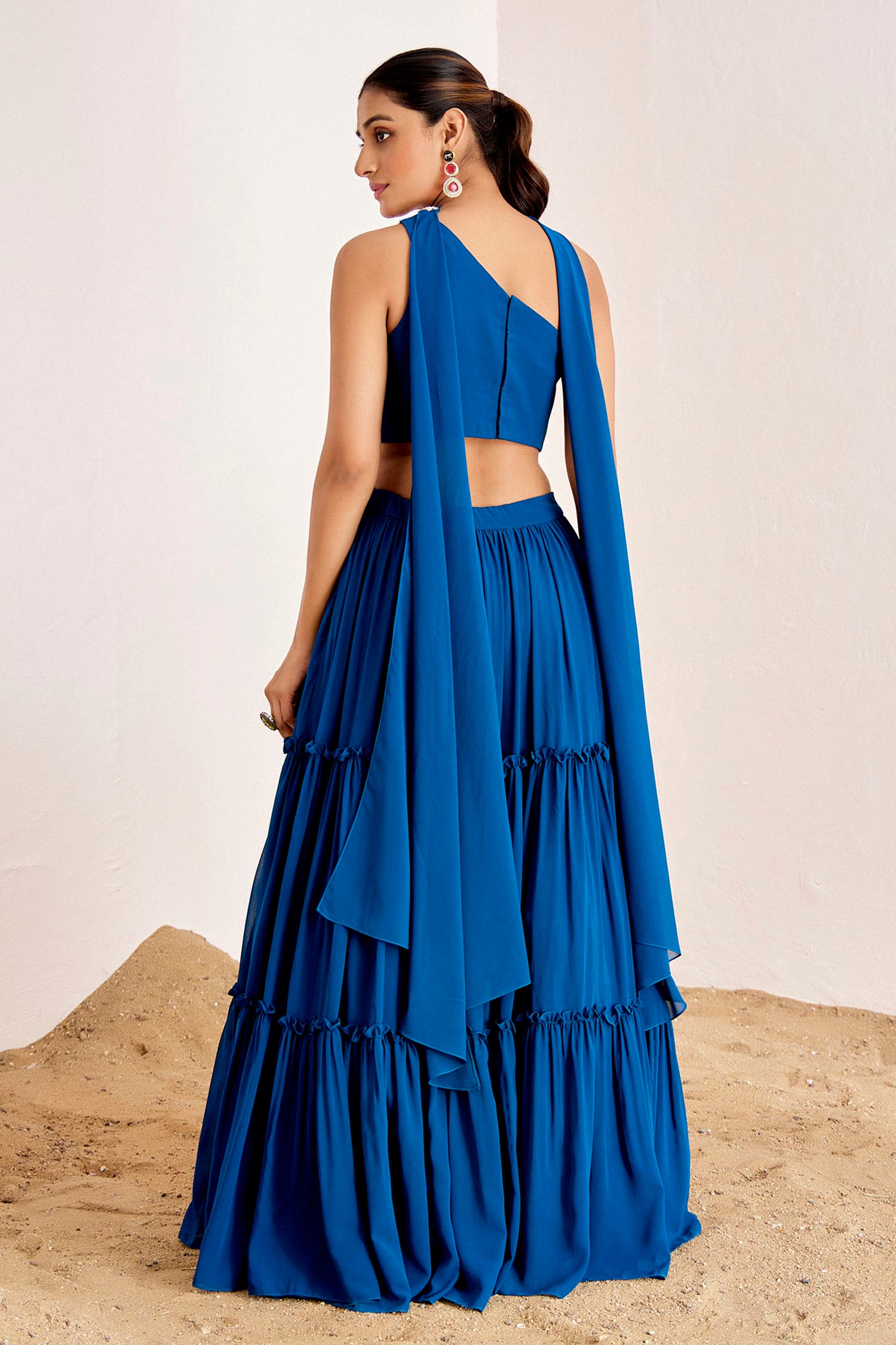 Tiered Plain Lehenga with One Shoulder Embroidered Blouse and Choker Dupatta