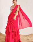 Pre-Draped Layered Skirt Saree with Hand Embroidered Blouse