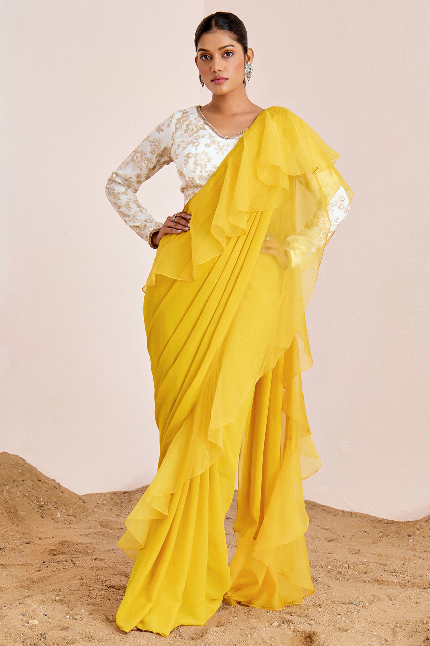 Pre-Draped Saree with Organza Ruffles and Sequin Embroidery Blouse