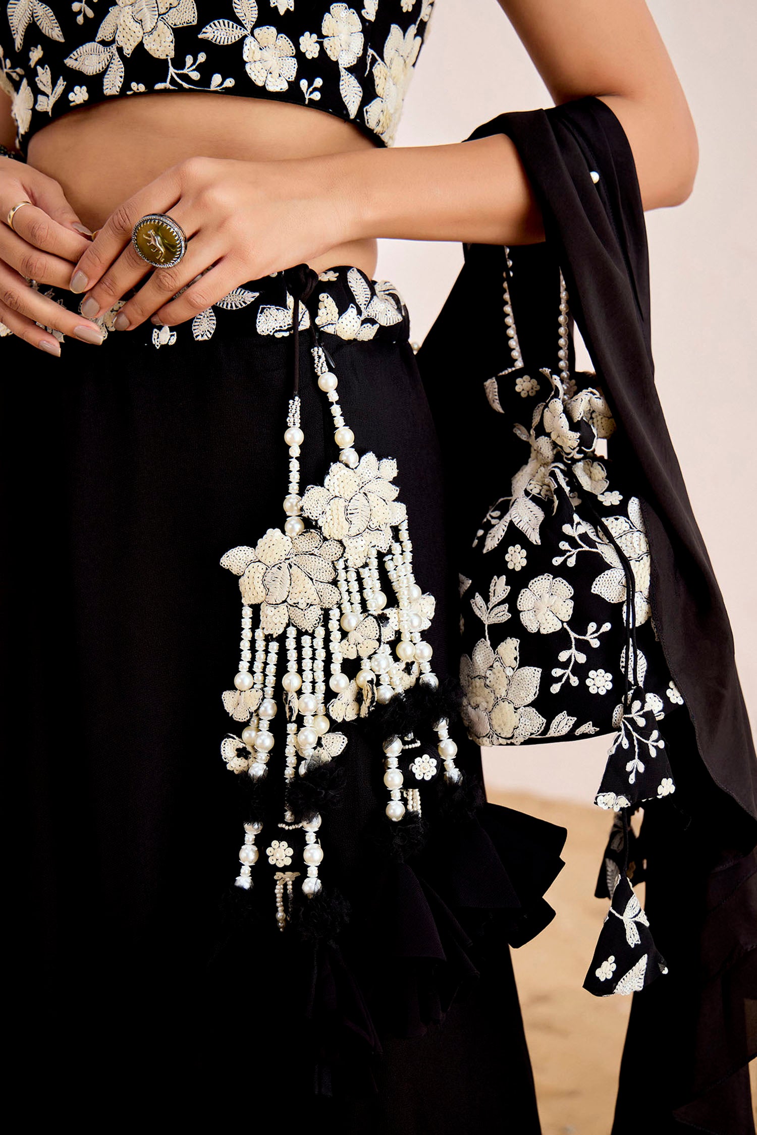 Sequin Embroidered One Shoulder Blouse with Plain Lehenga and Ruffle Dupatta