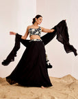 Sequin Embroidered One Shoulder Blouse with Plain Lehenga and Ruffle Dupatta