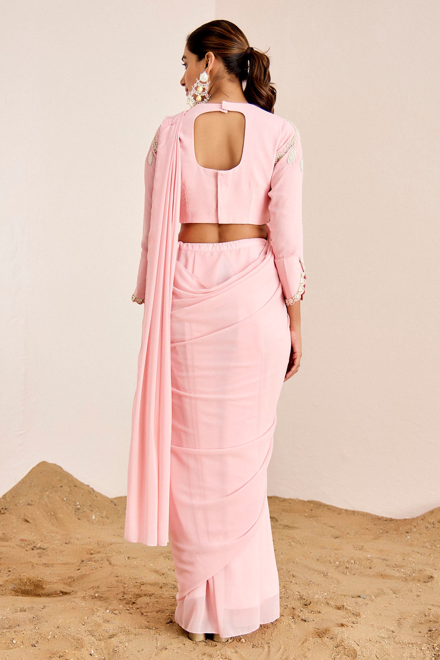 Hand Embroidered Blouse with Plain Pre-Draped Saree