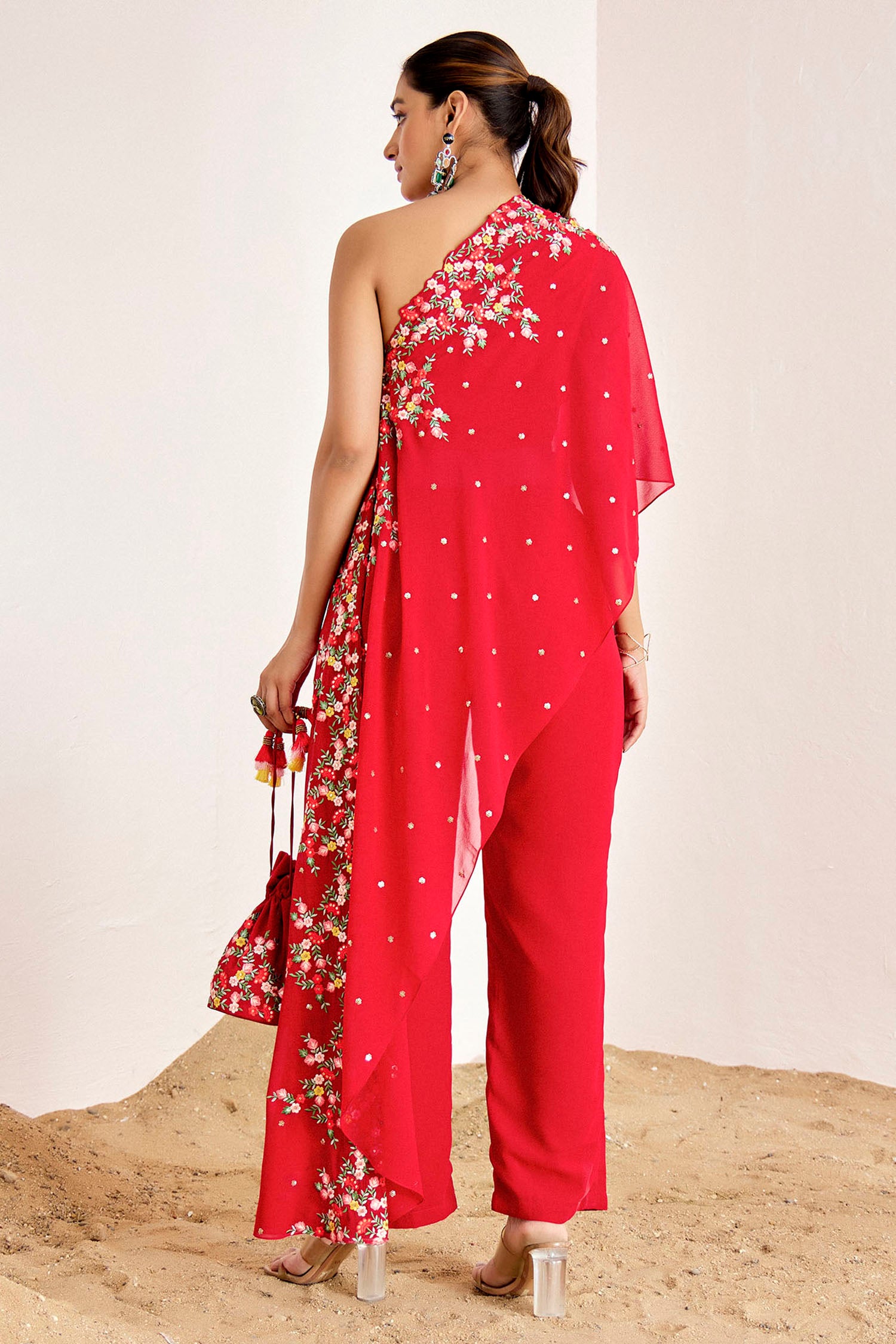 One Shoulder Long Top with Straight Pants &amp; Potli Bag